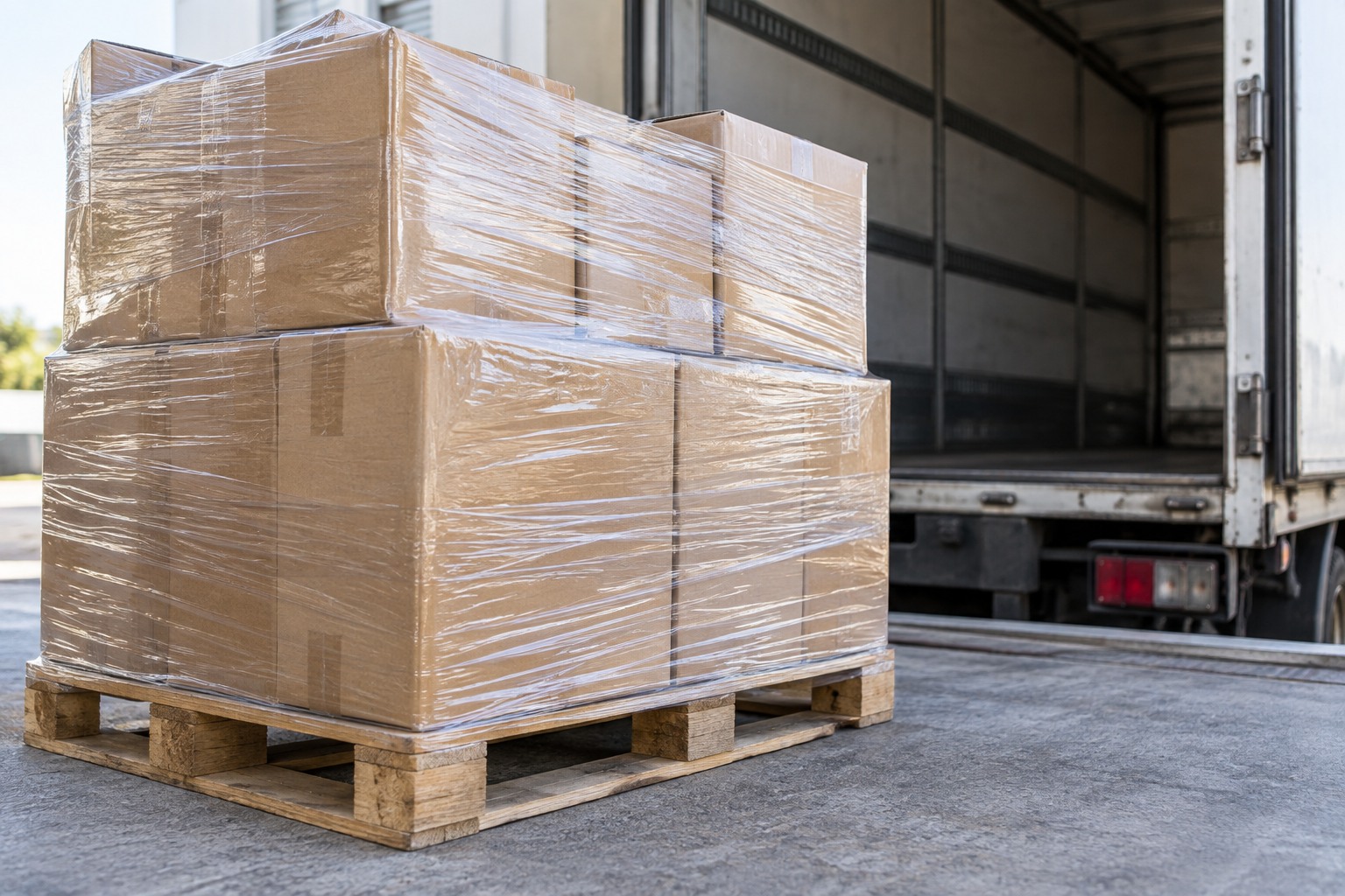 Illustrative wrapped pallet of cartons beside an open trailer