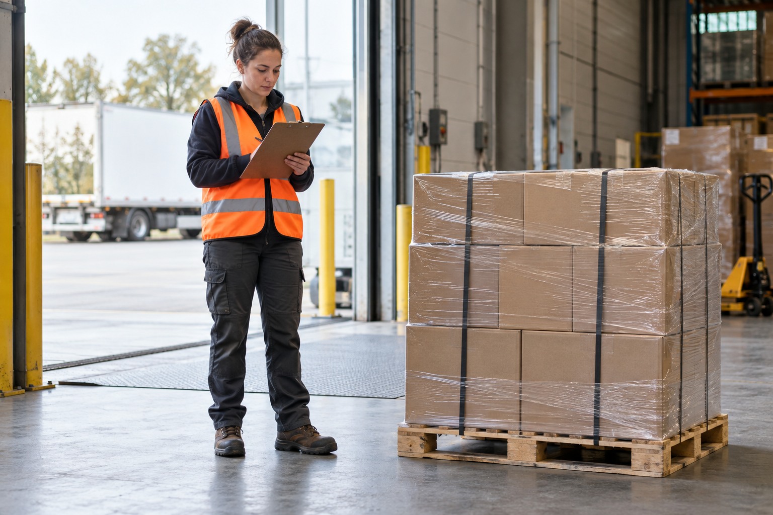 Illustrative warehouse worker in an orange safety vest reviewing a clipboard beside a wrapped pallet