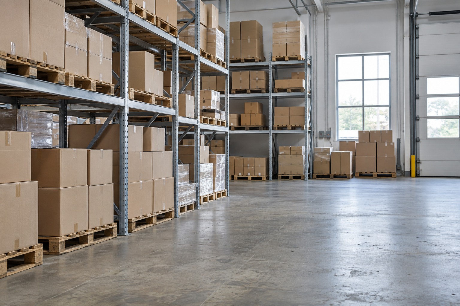 Illustrative warehouse shelving with boxed goods and open floor space